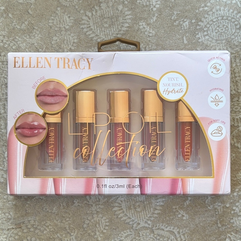 Brand New Ellen Tracy 5-Pack Lip Oil Collection Hydrating Tint Gloss Reds Pinks
